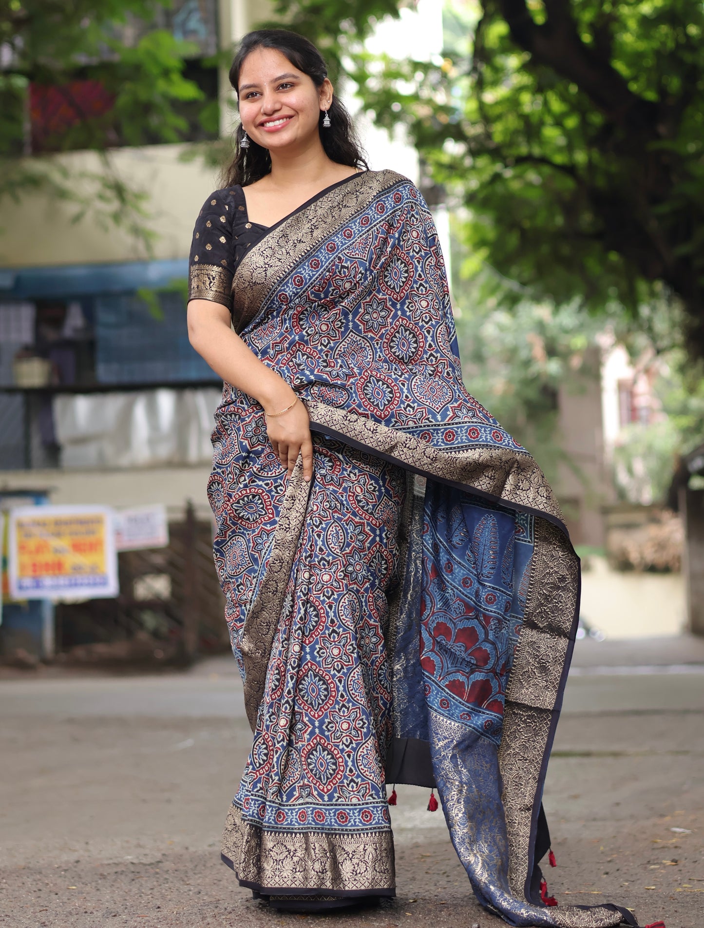 Indigo Ajrakh Dola Silk Saree