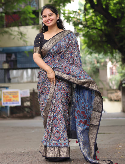 Indigo Ajrakh Dola Silk Saree