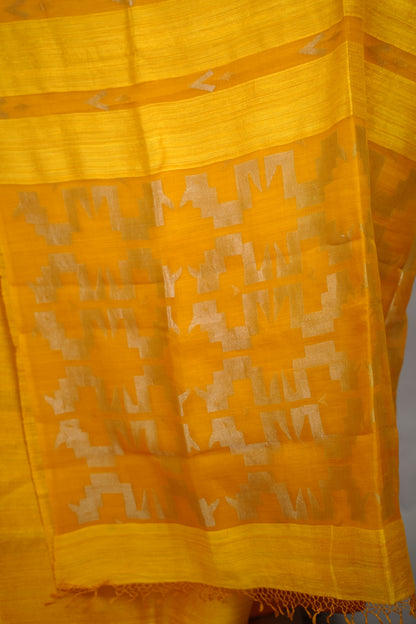 Yellow Handloom Jamdhani Pure Matka Silk Saree with Muslin Silk Pallu