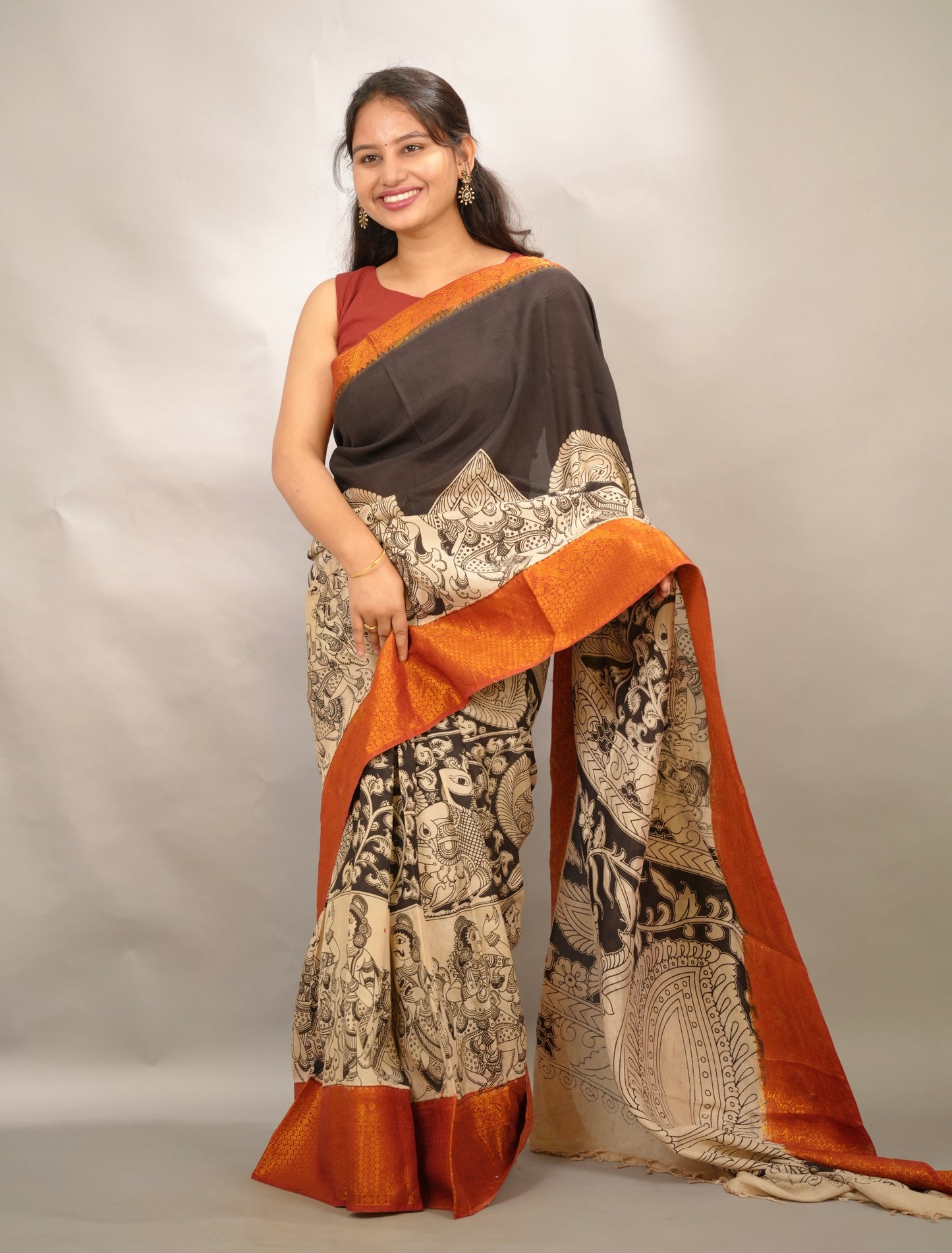 Black Story Telling Kanchi border Kalamkari chennur silk saree