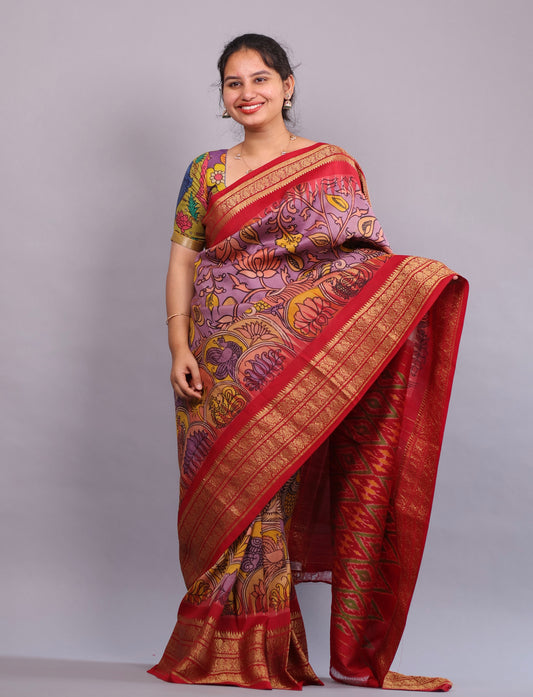Lavender Kanchi Pattu Hand Painted Pen Kalamkari Saree