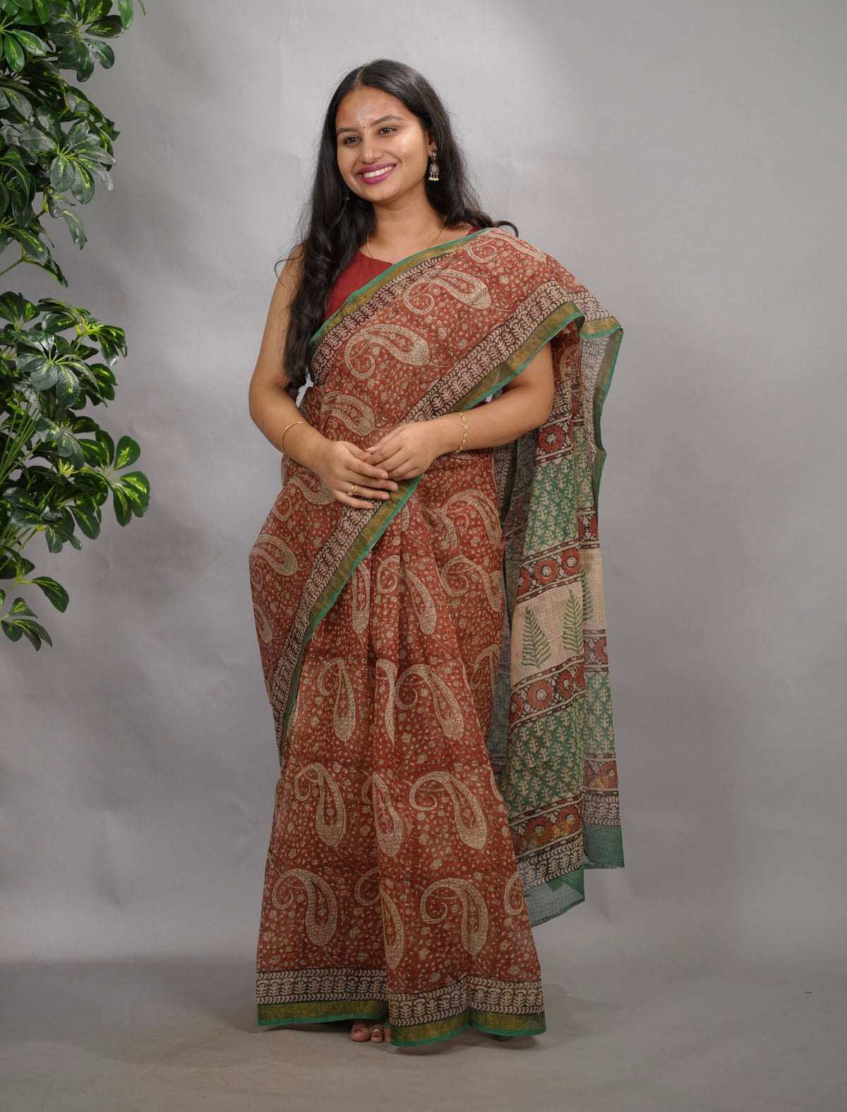 Maroon Pure Kota Doria Saree with Bagru Handblock Prints