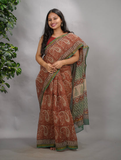 Maroon Pure Kota Doria Saree with Bagru Handblock Prints