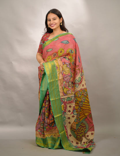 Pink Hand Drawn Pen Kalamkari Bangalore Silk Kanchi Border Saree | Looms & Tassels