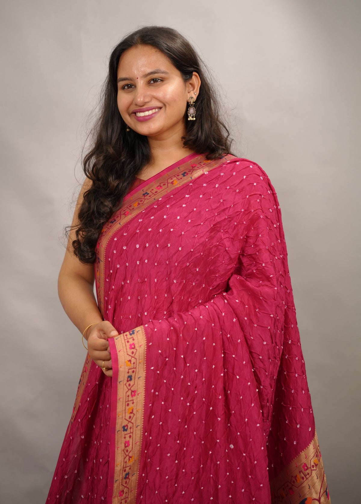 Magenta Pink Handcrafted Bandhani Paithani Dola Silk Saree | Looms & Tassels