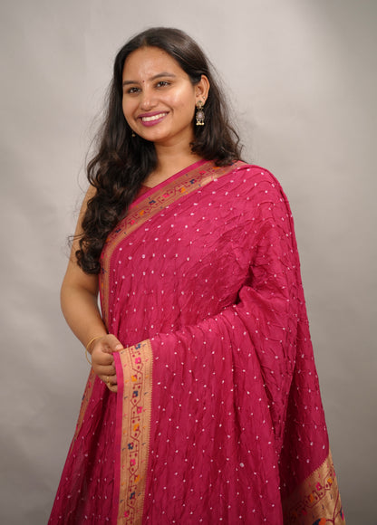 Magenta Pink Handcrafted Bandhani Paithani Dola Silk Saree | Looms & Tassels