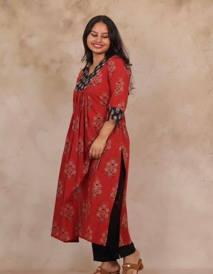 Red Pure Mul Cotton Ajrakh Patchwork Aline Kurta | Looms & Tassels