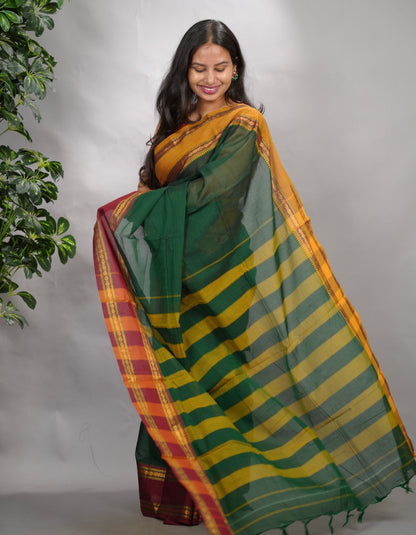 Green Narayanpet Cotton Saree With Ganga And Jamuna Border | Looms & Tassels