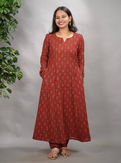Rust Maroon Ajrakh Handblock Printed Kali Kurta with Chudi Sleeves