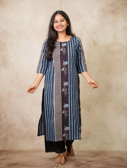Blue & Black Ajrakh Pattern Hand Block printed Kurti | Looms & Tassels