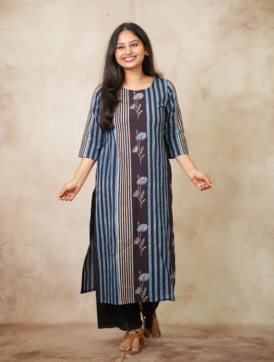 Blue & Black Ajrakh Pattern Hand Block printed Kurti | Looms & Tassels