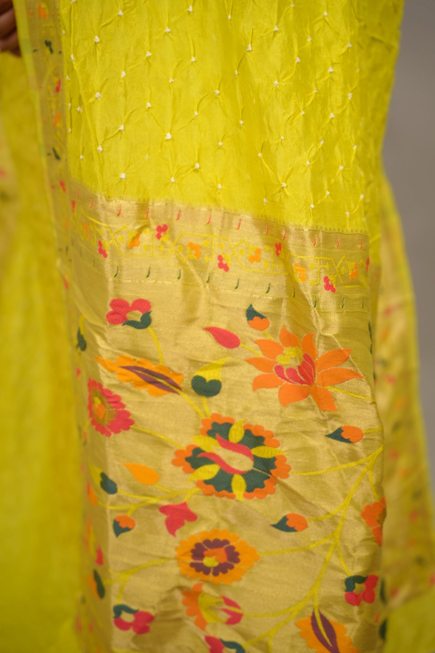 Lemon Green Handcrafted Bandhani Paithani Dola Silk Saree | Looms & Tassels
