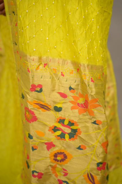 Lemon Green Handcrafted Bandhani Paithani Dola Silk Saree | Looms & Tassels