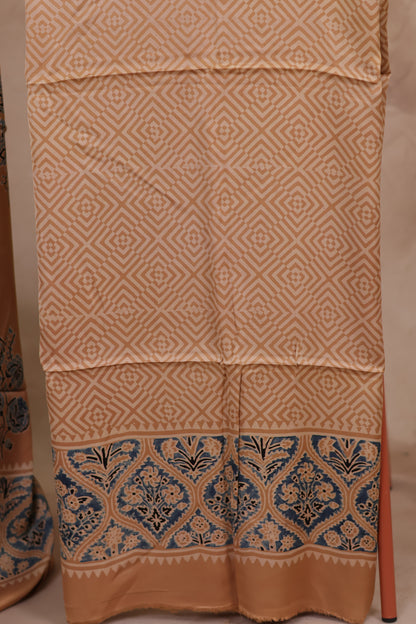 Cream Ajrakh Hand Block Printed Natural Dyed Modal Silk 2 Piece Suit Set | Looms & Tassels