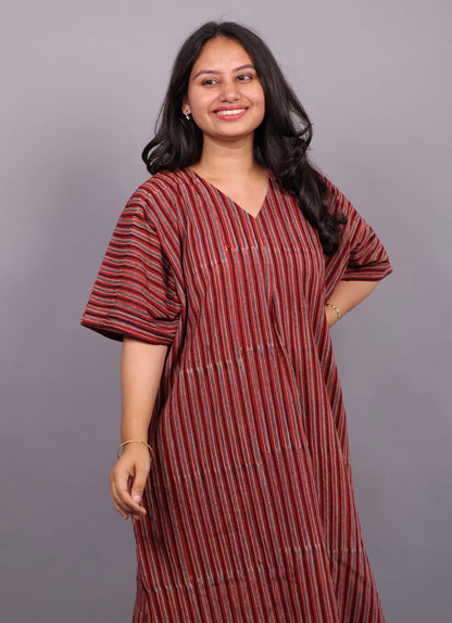 Red Ajrakh Handblock Printed Cotton Kaftan – Elegant & Breathable Ethnic Wear | Looms & Tassels