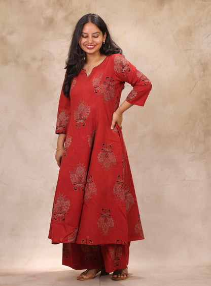Red Ajrakh Handblock Printed Kali Kurti Co-ord Set (Pure Cotton ) | Looms & Tassels