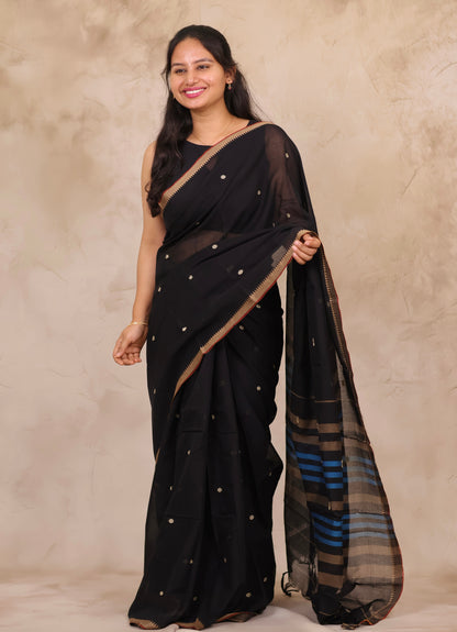 Black Narayanpet Cotton Saree With Butta Weaving | Looms & Tassels