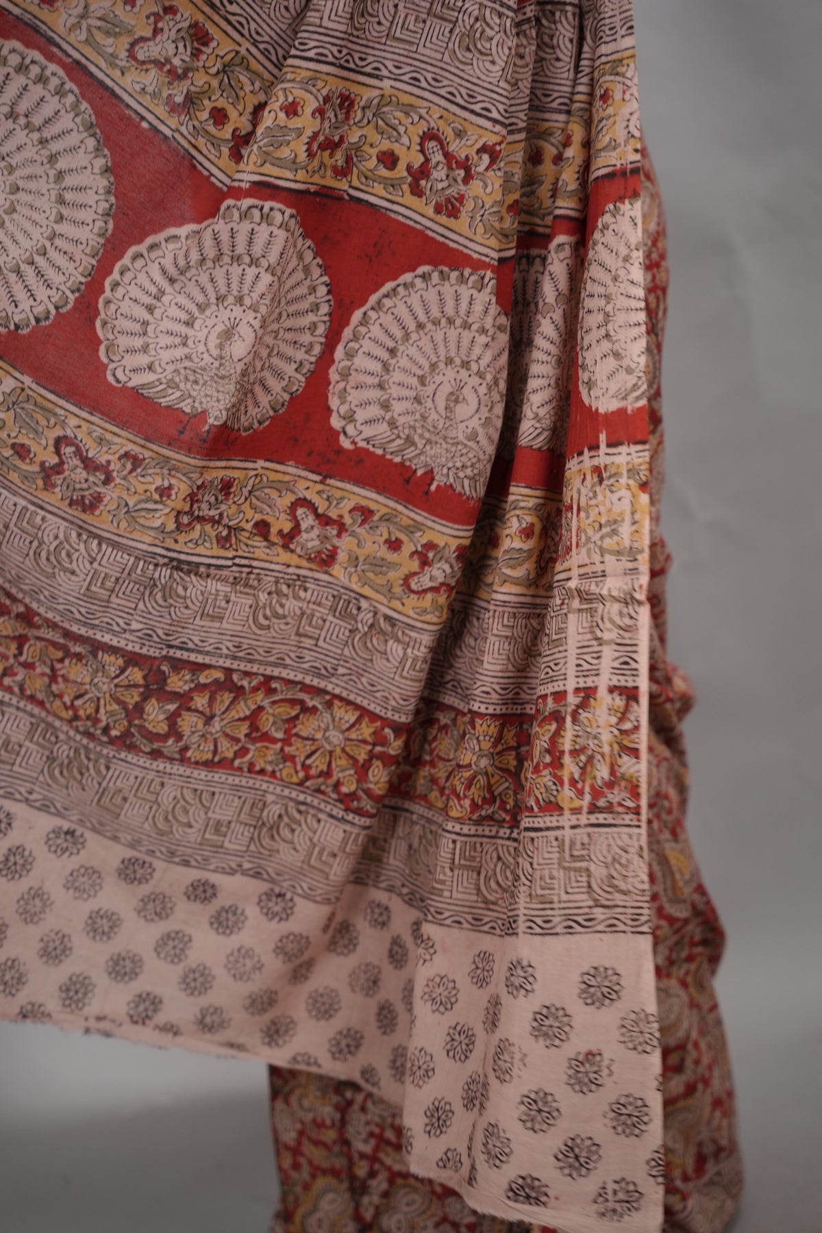 Maroon Hand Block Printed Kalamkari Cotton Saree | Looms & Tassels
