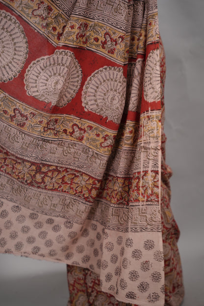 Maroon Hand Block Printed Kalamkari Cotton Saree | Looms & Tassels