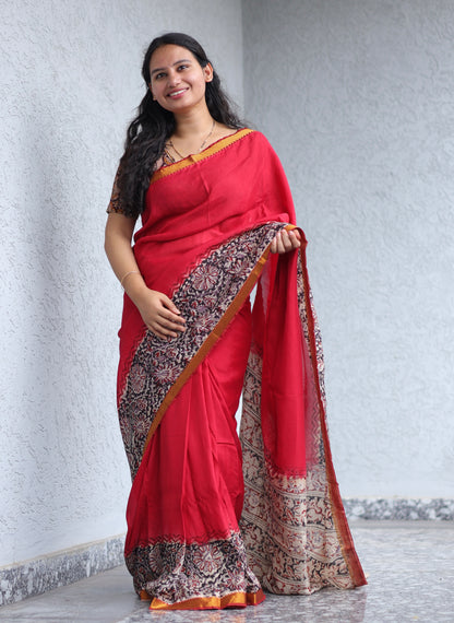 Kalamkari dyeing premium chennur silk with hand block print saree