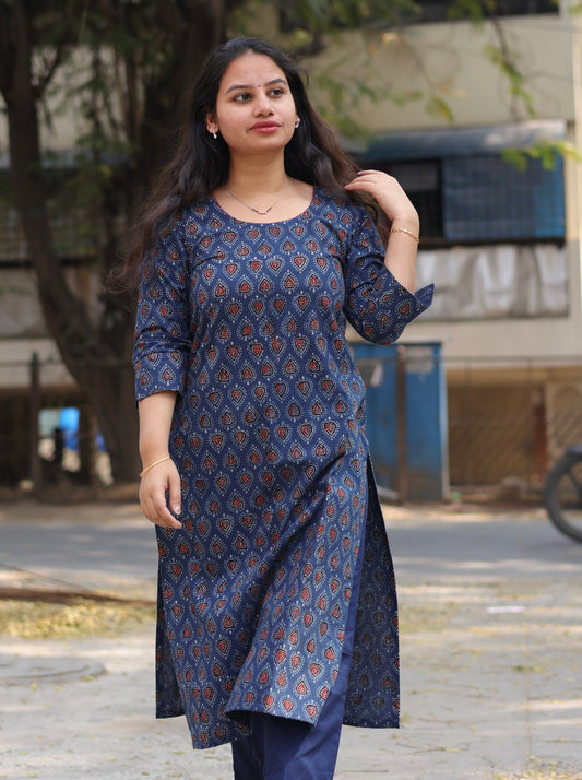 Indigo Ajrakh Hand Block printed Kurta