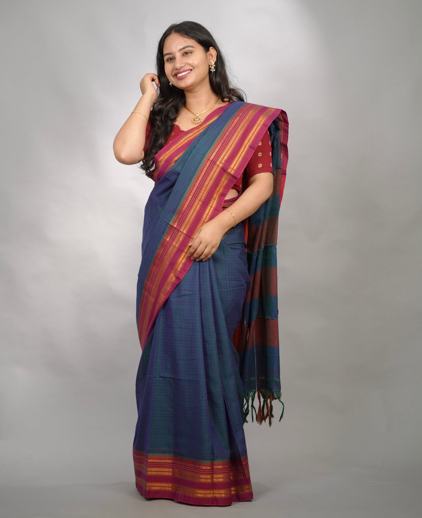 Peacock Blue Checks Narayanpet Cotton Saree with Traditional contrast Border | Looms & Tassels