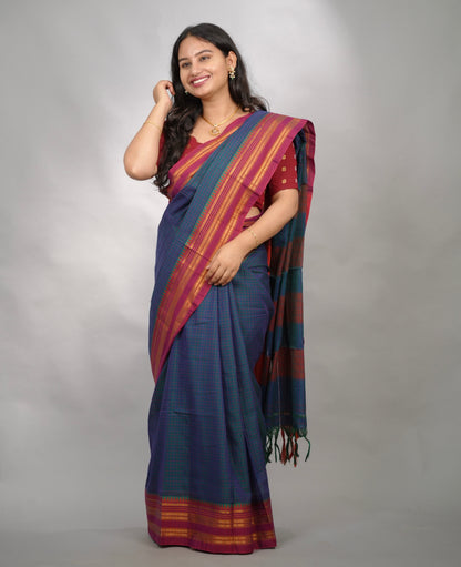 Peacock Blue Checks Narayanpet Cotton Saree with Traditional contrast Border | Looms & Tassels