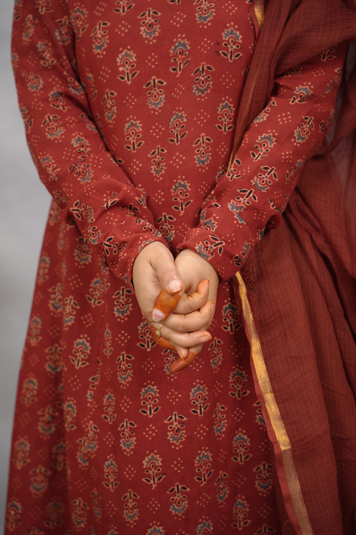 Rust Maroon Ajrakh Handblock Printed Kali Kurta with Chudi Sleeves