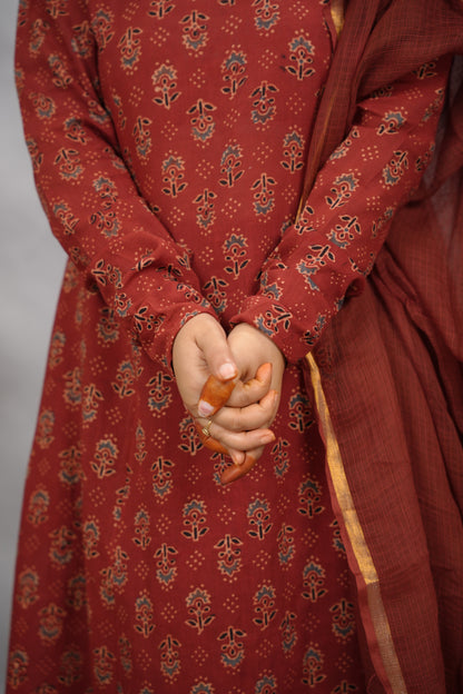 Rust Maroon Ajrakh Handblock Printed Kali Kurta with Chudi Sleeves