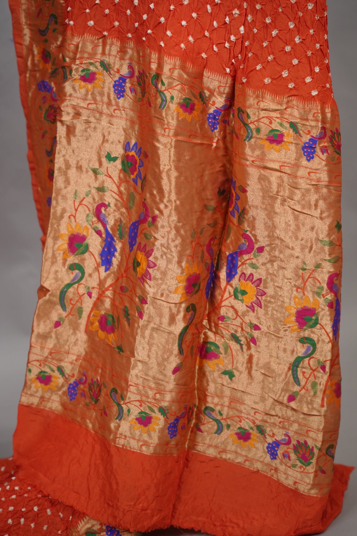 Orange Handcrafted Bandhani Paithani Dola Silk Saree | Looms & Tassels
