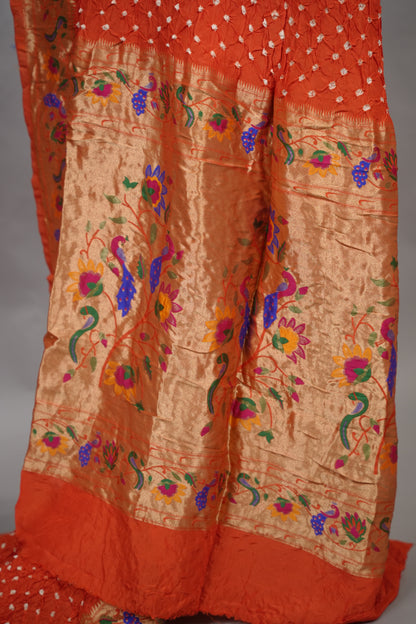Orange Handcrafted Bandhani Paithani Dola Silk Saree | Looms & Tassels