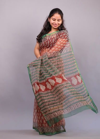 Pure Kota Doria Saree with Bagru Handblock Prints – Red | Looms&Tassels