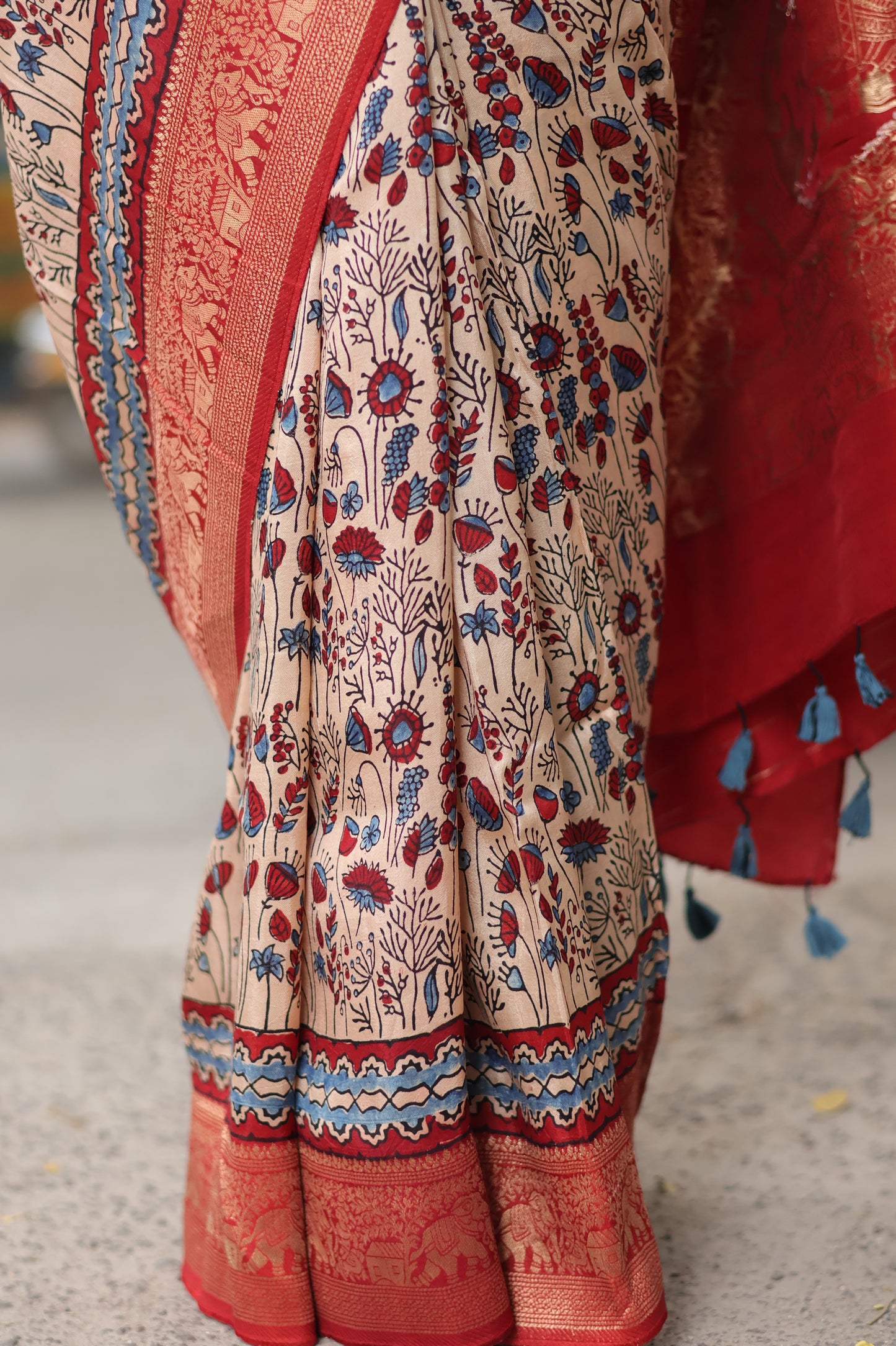 Cream Ajrakh Dola Silk Saree