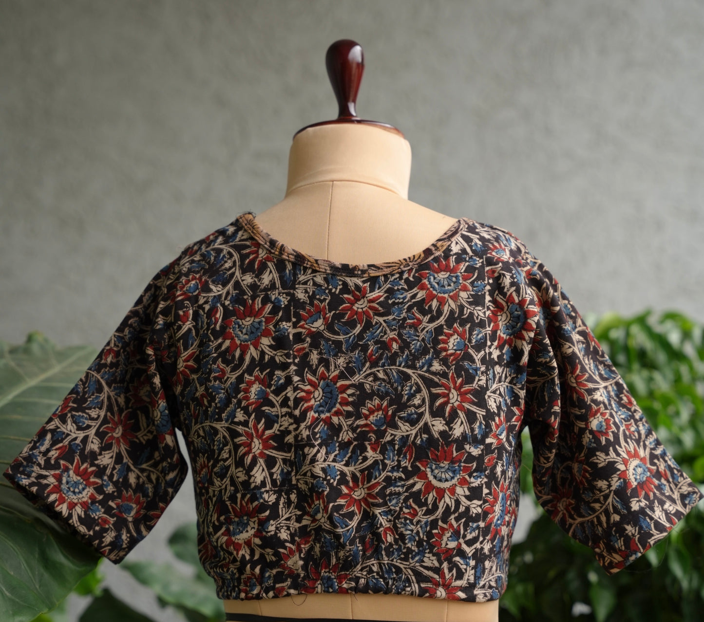 Black Round Neck Stretchable Hand block printed kalamkari blouse