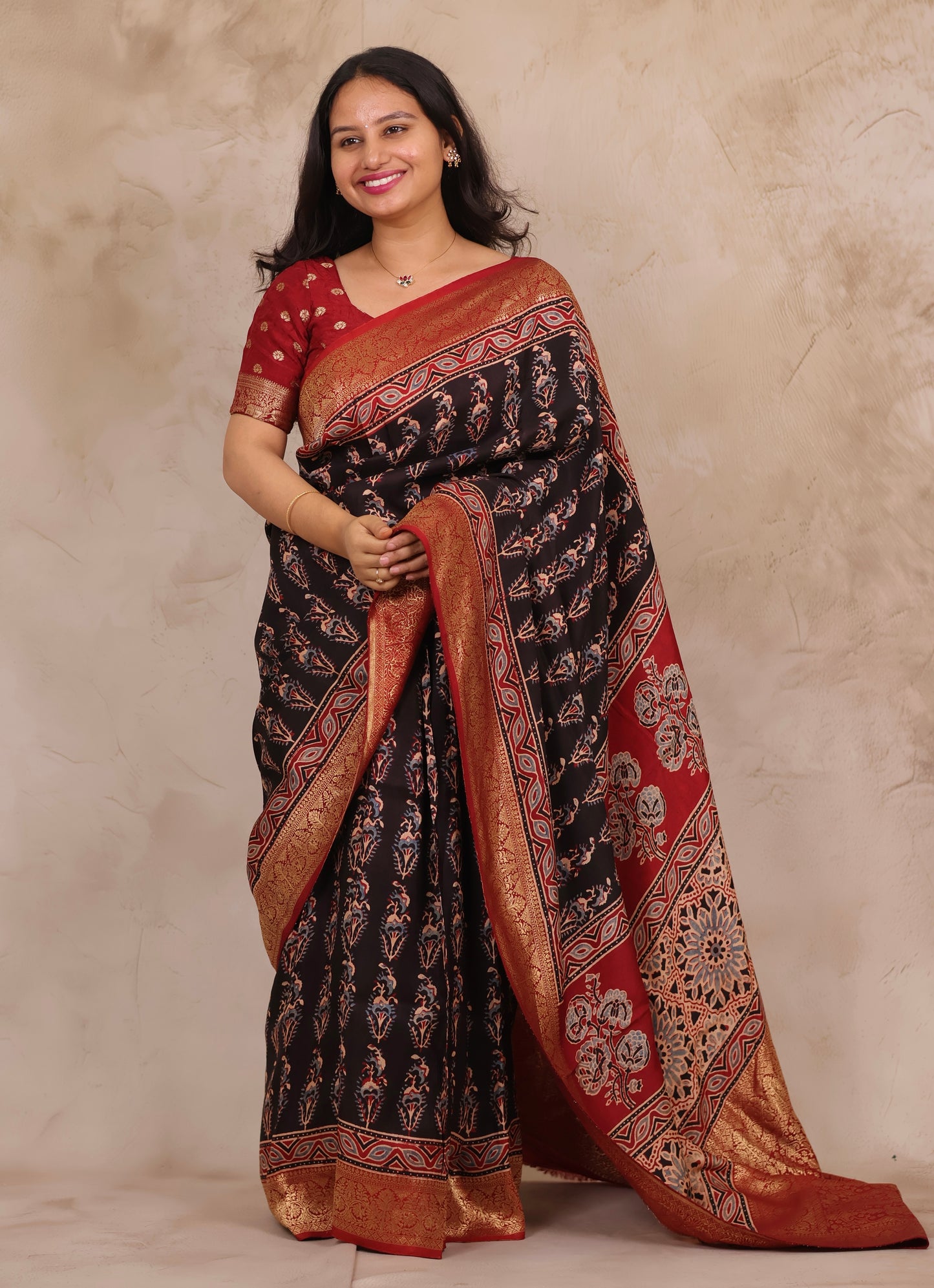 Black Ajrakh Handblock printed Dola Silk Saree | Looms & Tassels