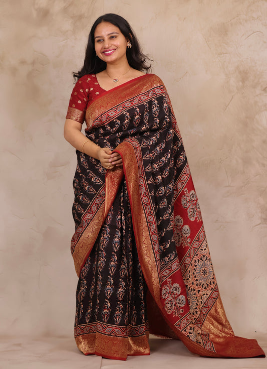 Black Ajrakh Handblock printed Dola Silk Saree | Looms & Tassels