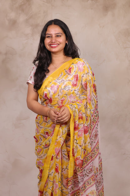 Yellow Chiffon Bagru Hand Block Printed Saree | Looms & Tassels