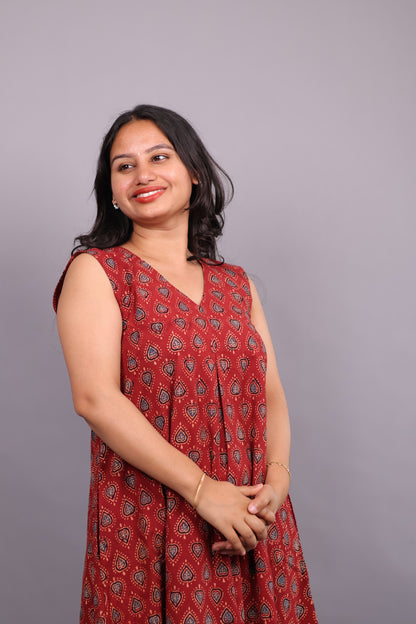 Red Ajrakh Handblock Printed A-Line Cotton Kurti – Elegant & Comfortable Ethnic Wear | Looms & Tassels