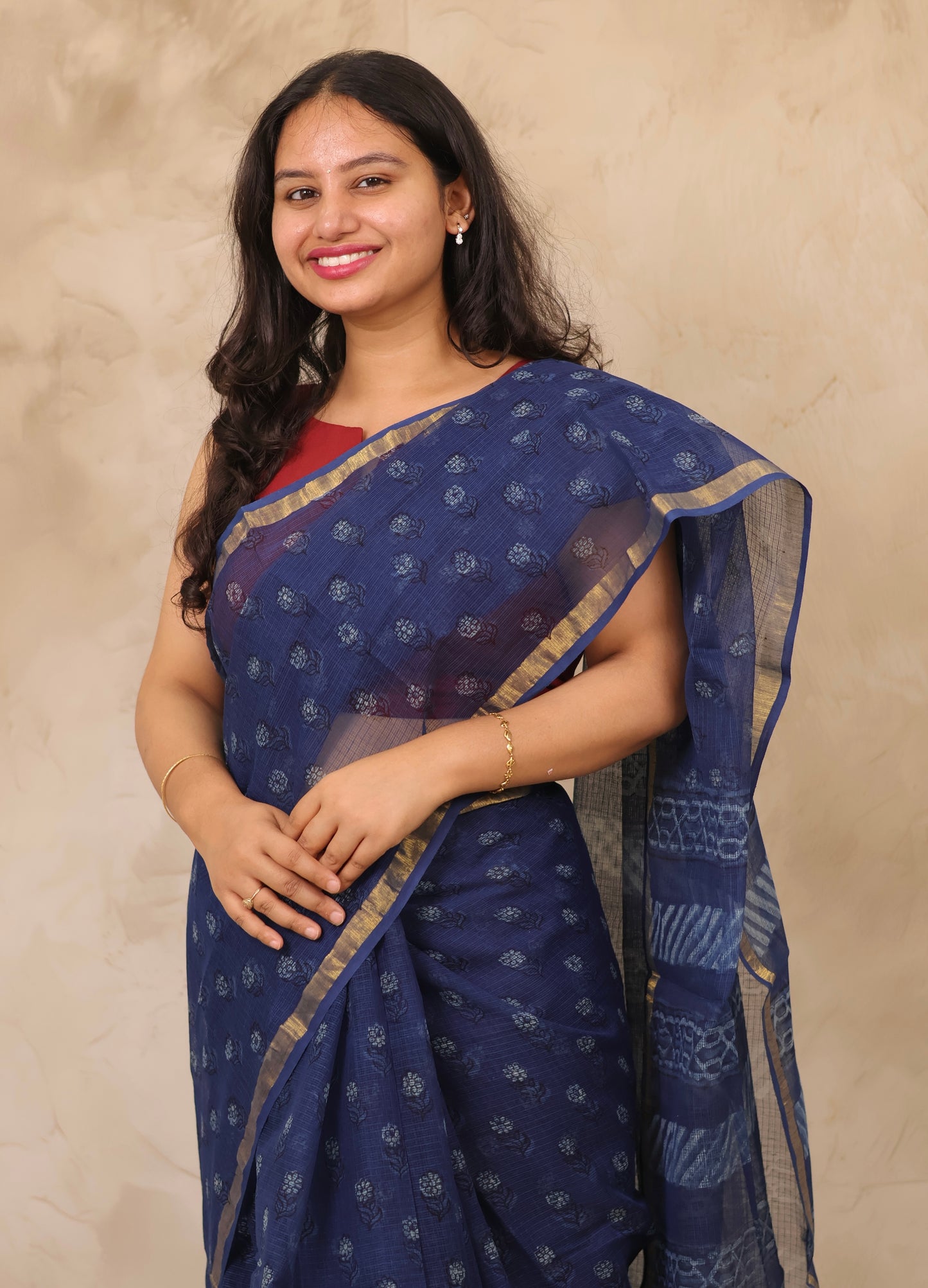Dark Blue Pure Kota Doria Saree with Bagru Handblock Prints | Looms & Tassels