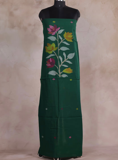 Green Handwoven Jamdhani weaving pure Malai cotton 2 piece suit sets | Looms & Tassels