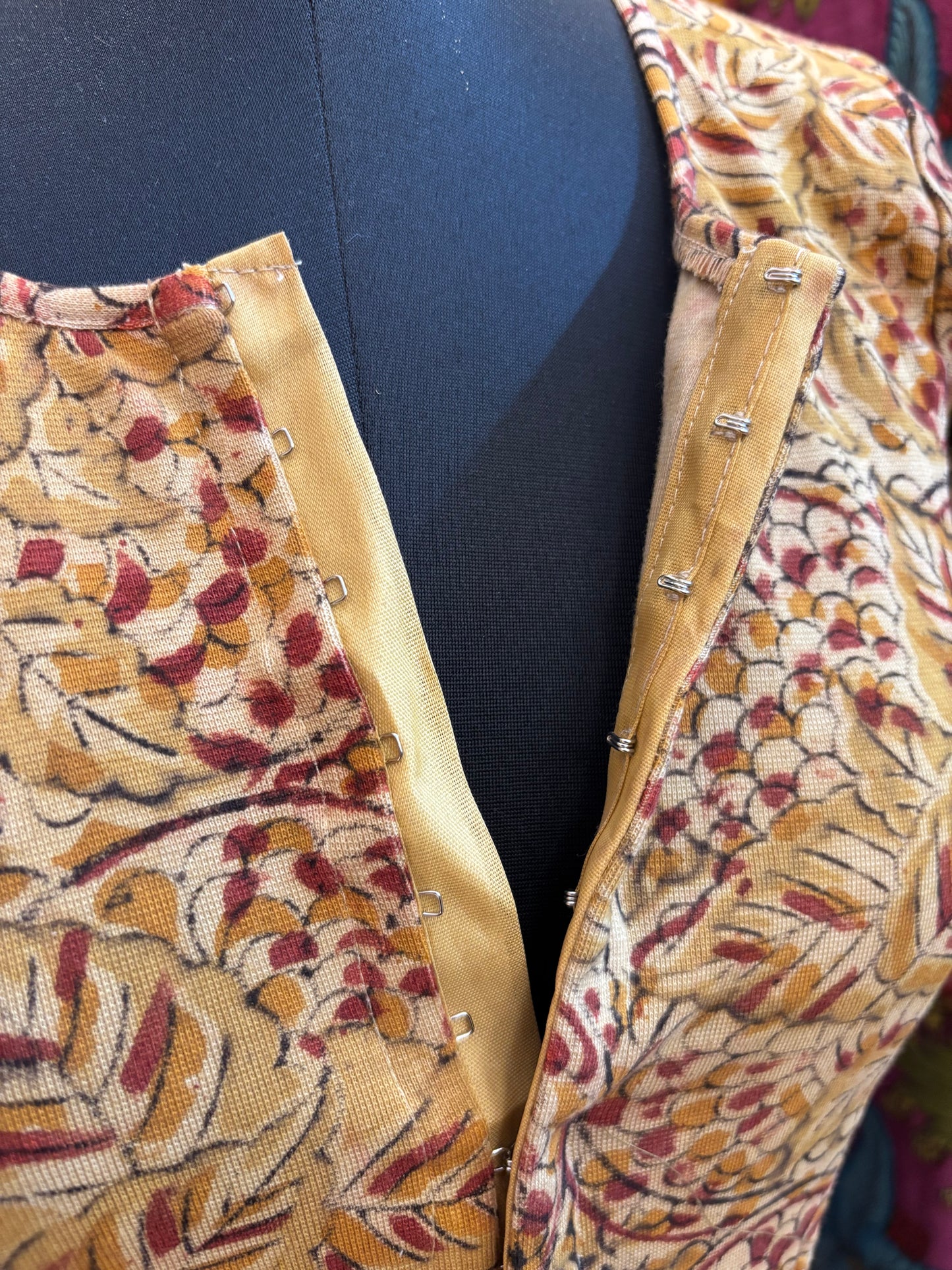 Round neck Stretchable Hand block printed kalamkari blouse with front hooks