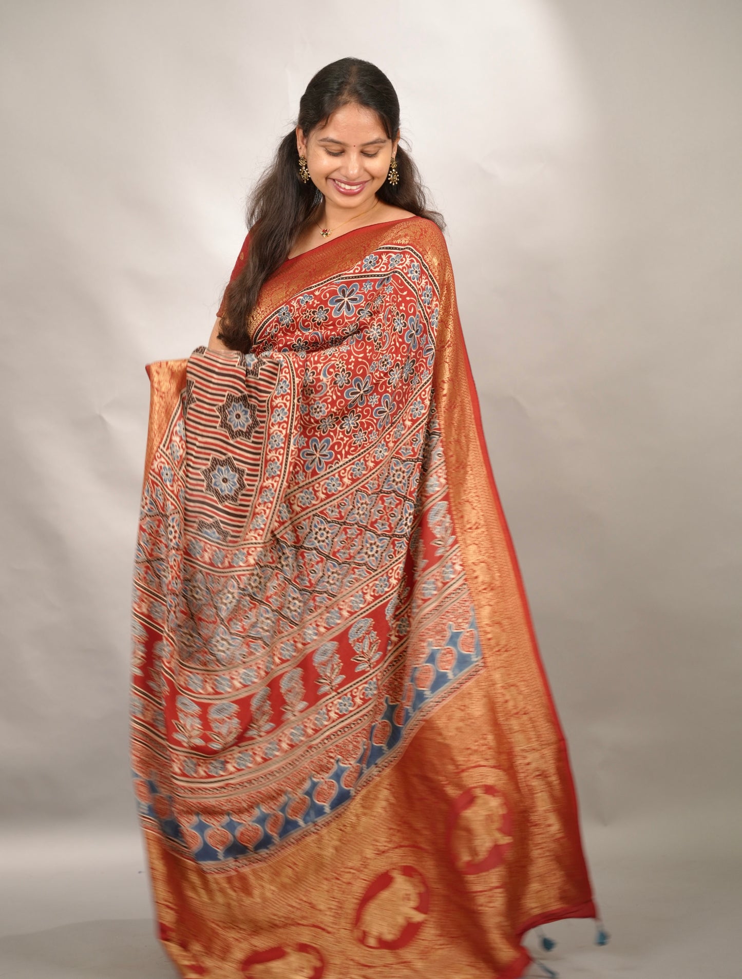 Red Ajrakh Handblock printed Dola Silk Saree | Looms & Tassels