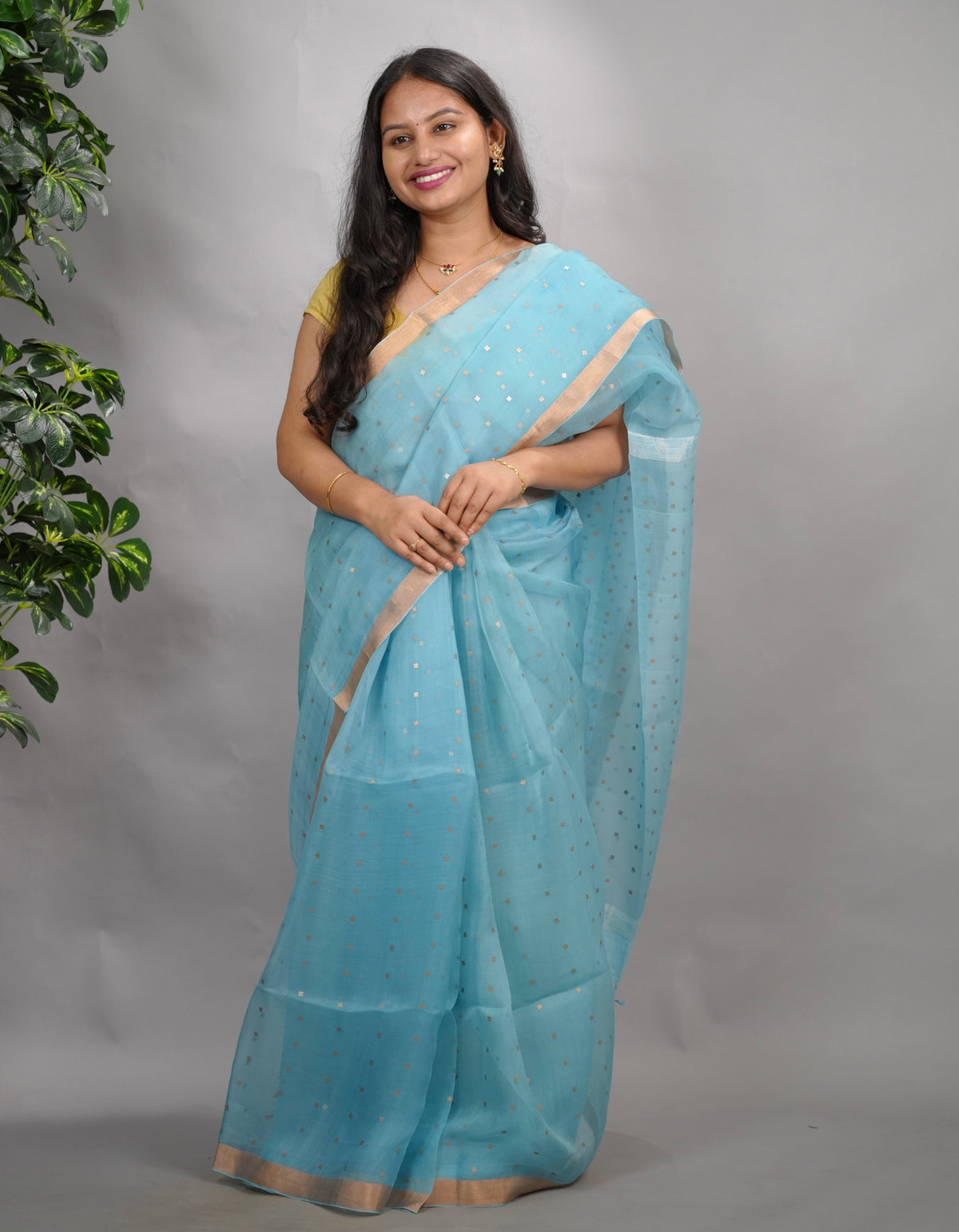 Sky Blue Handwoven Muslin Silk Saree With Sequence Work | Looms & Tassels