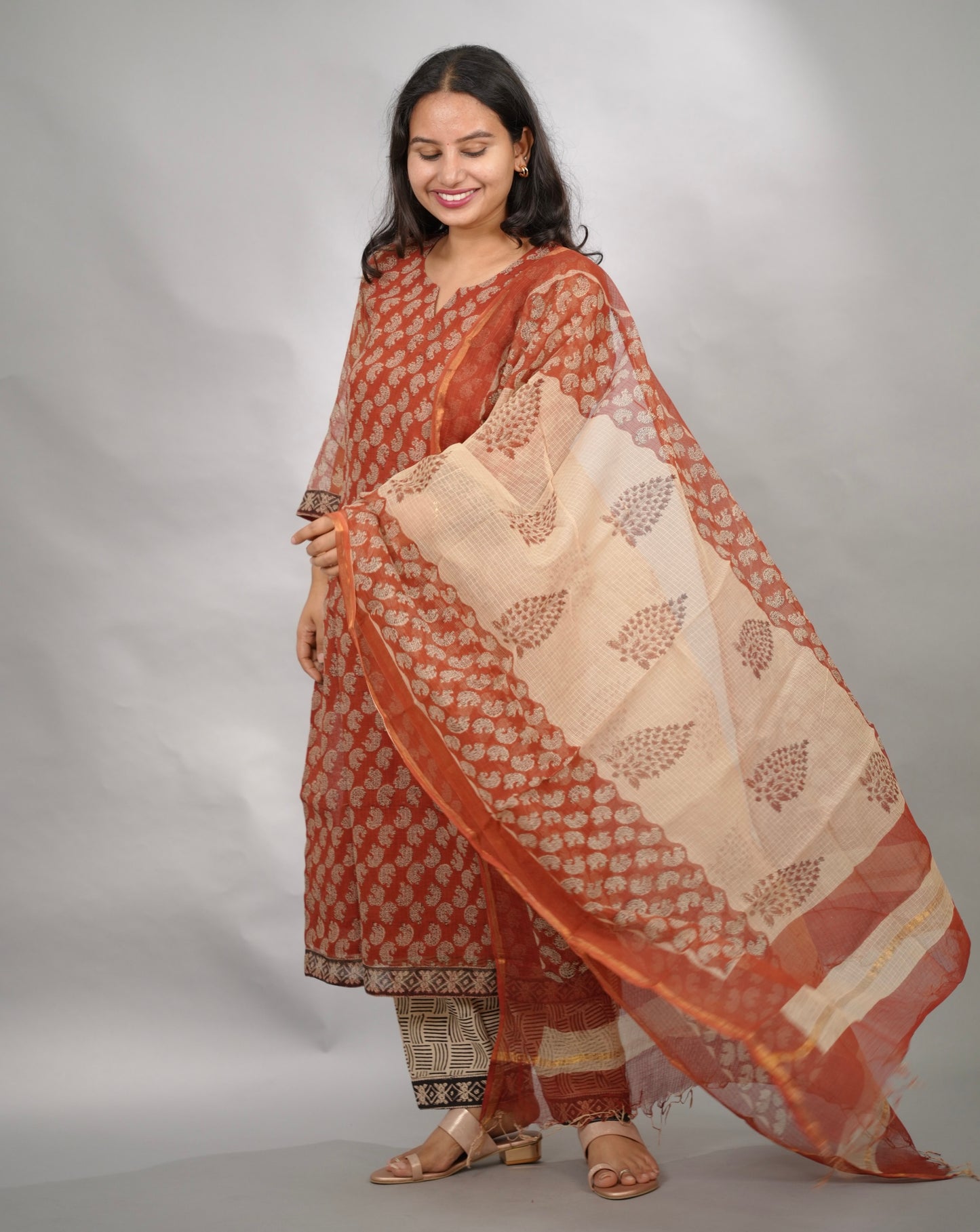 Maroon Handblock printed kota 3 piece suit (stitched)
