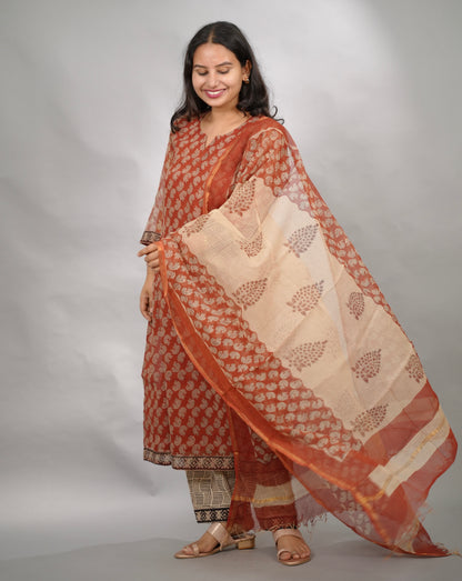 Maroon Handblock printed kota 3 piece suit (stitched)