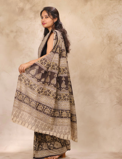 Black Hand Block Printed Kalamkari Cotton Saree | Looms & Tassels