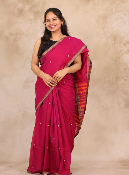 Pink Narayanpet Cotton Saree With Butta Weaving | Looms & Tassels