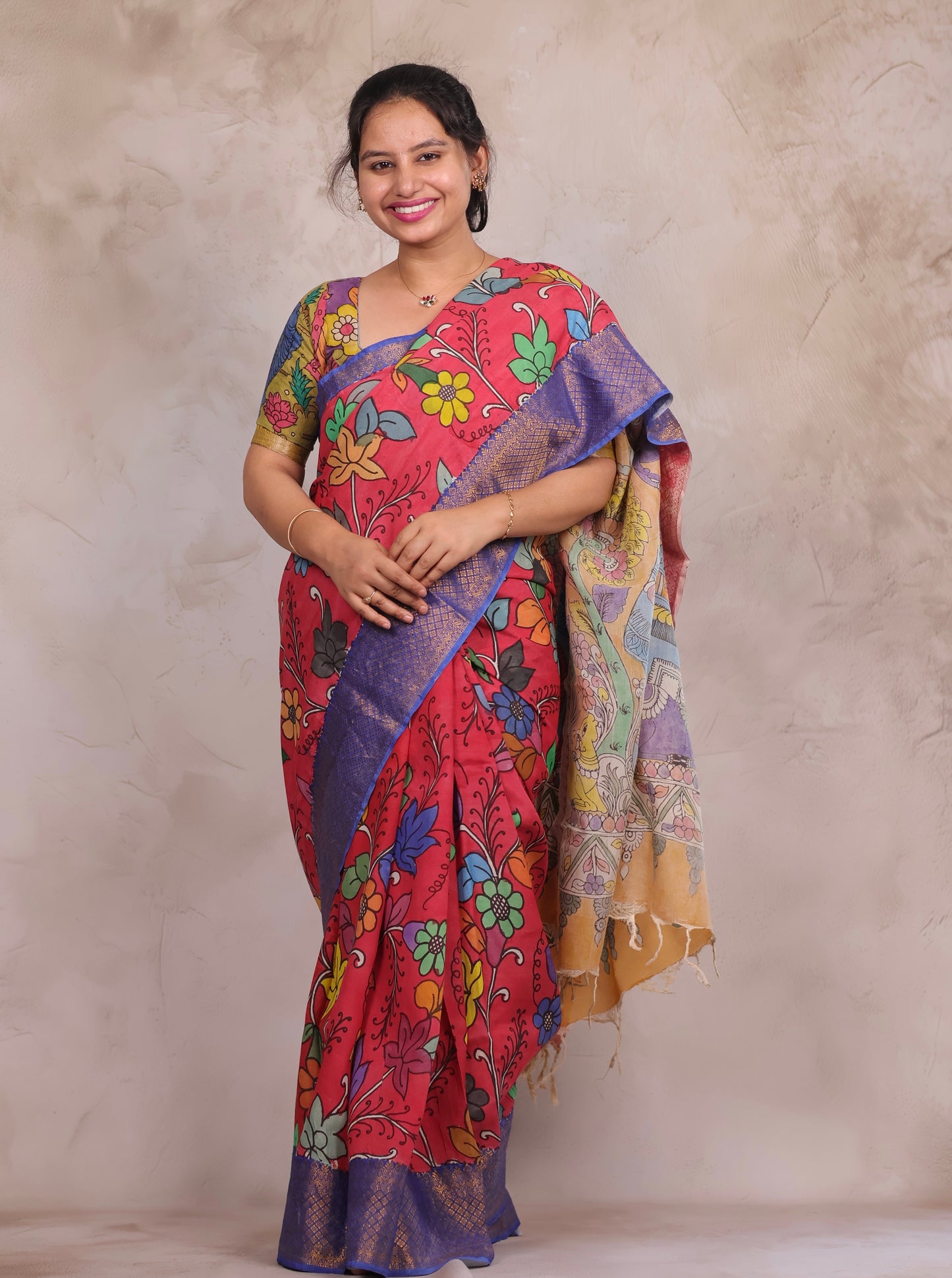 Hand Drawn Pen Kalamkari Pink And Blue Bangalore Silk Kanchi Border Saree | Looms & Tassels