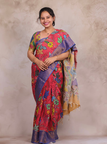Hand Drawn Pen Kalamkari Pink And Blue Bangalore Silk Kanchi Border Saree | Looms & Tassels