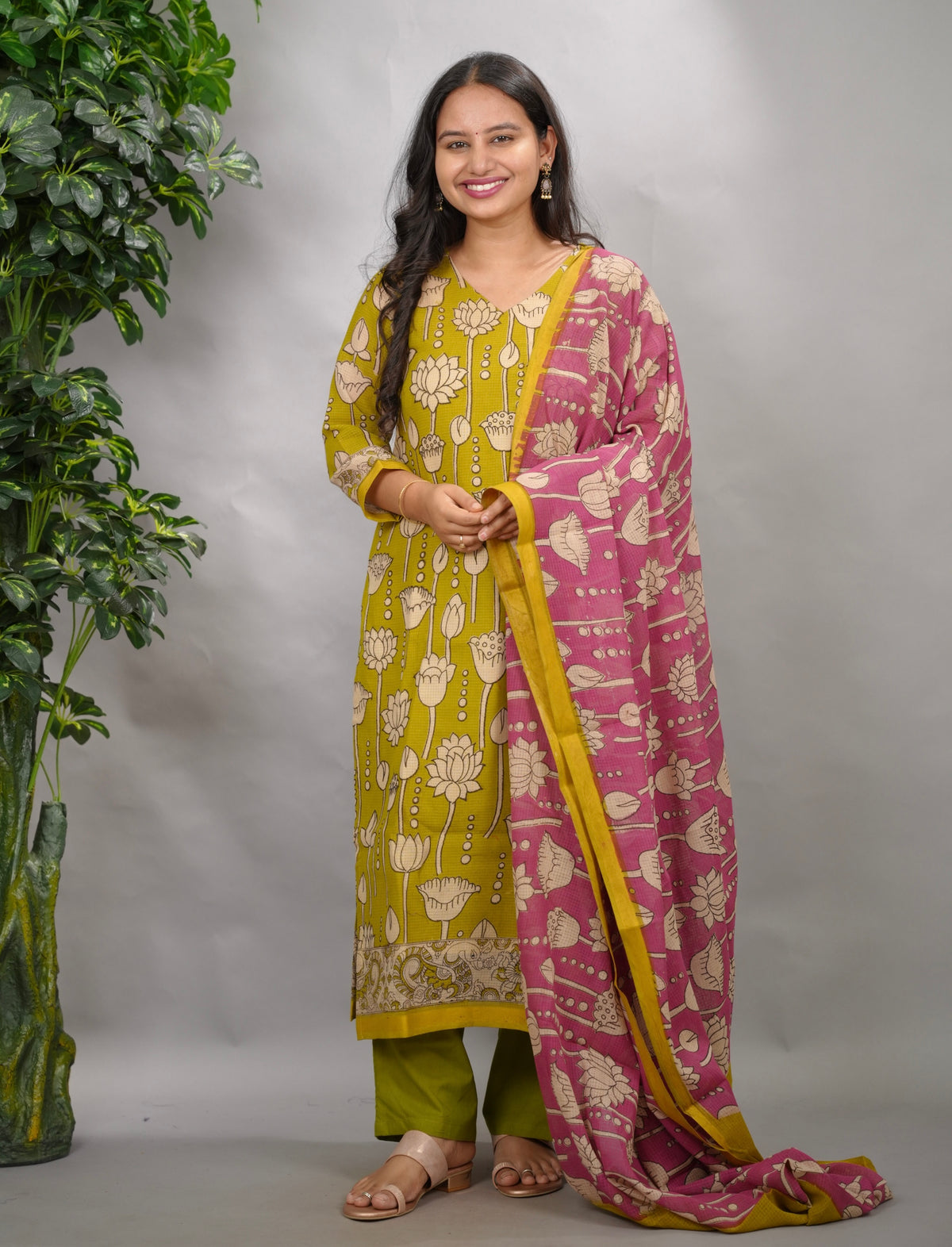Lemon Green Kalamkari Kota Cotton 3 piece suit (stitched) | Looms & Tassels